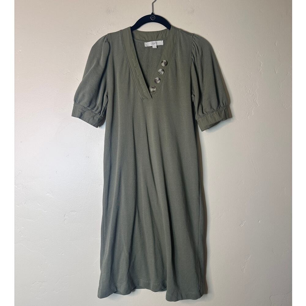 LOFT Olive Green Cotton Pullover Button Neck Dress XS